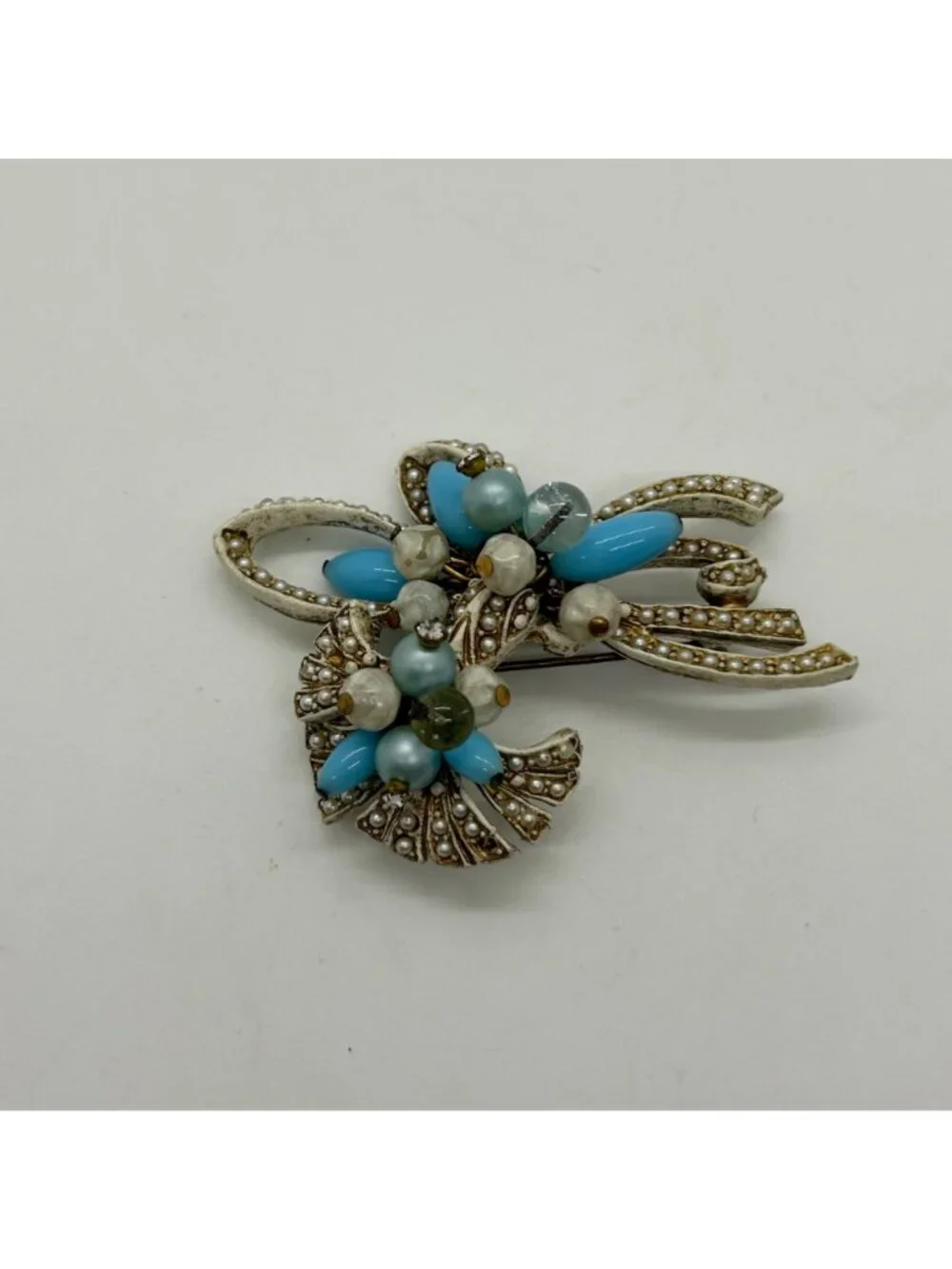 Vintage Coro Pin Brooch With Faux Pearls Faux Turquoise Beads, Floral Bow READ
